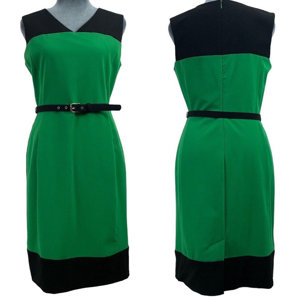 New York and Company Womens 2 Sleeveless Lined Stretch Twee Green Belted Career